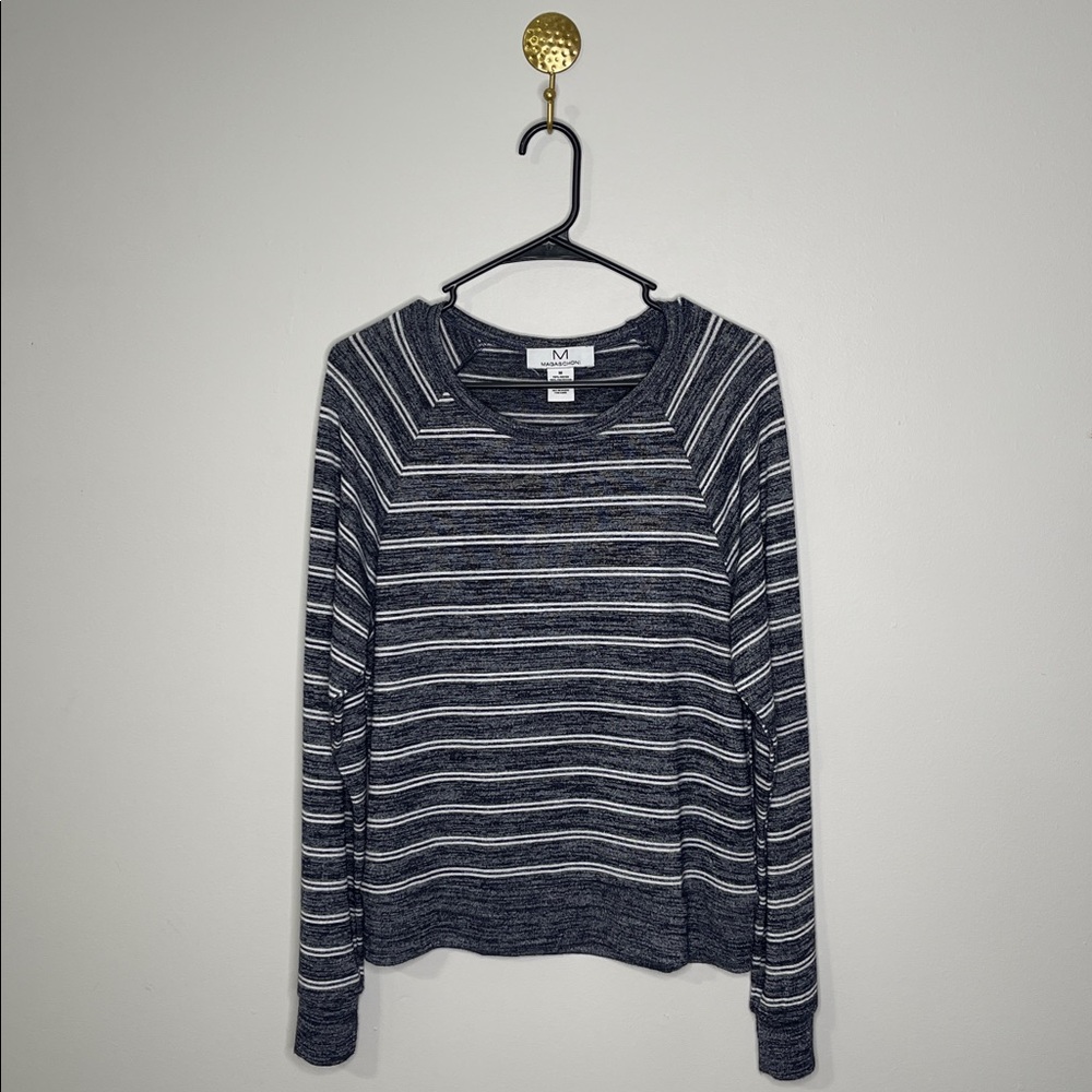 Magaschoni Navy and White Striped shirt.